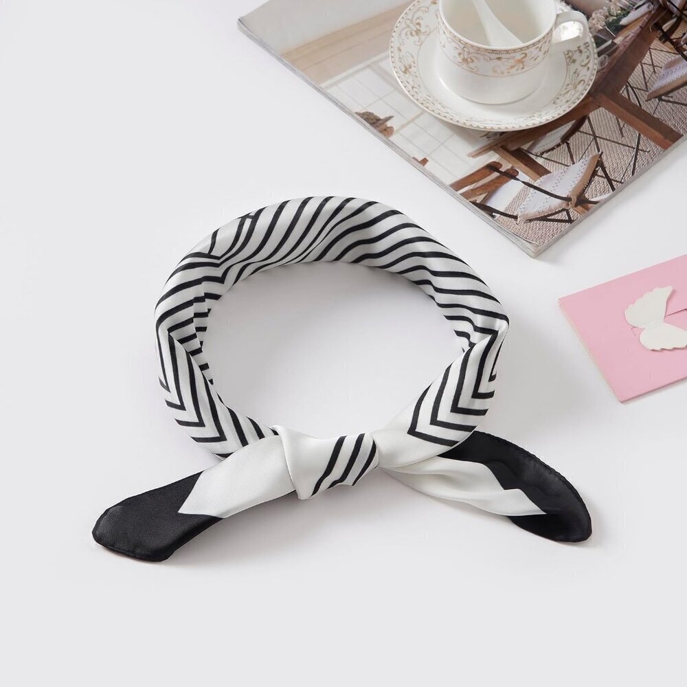 Women White Stripe Headscarf Satin Bandana Pattern Polyester Breathable Scarves - Picture 2 of 7